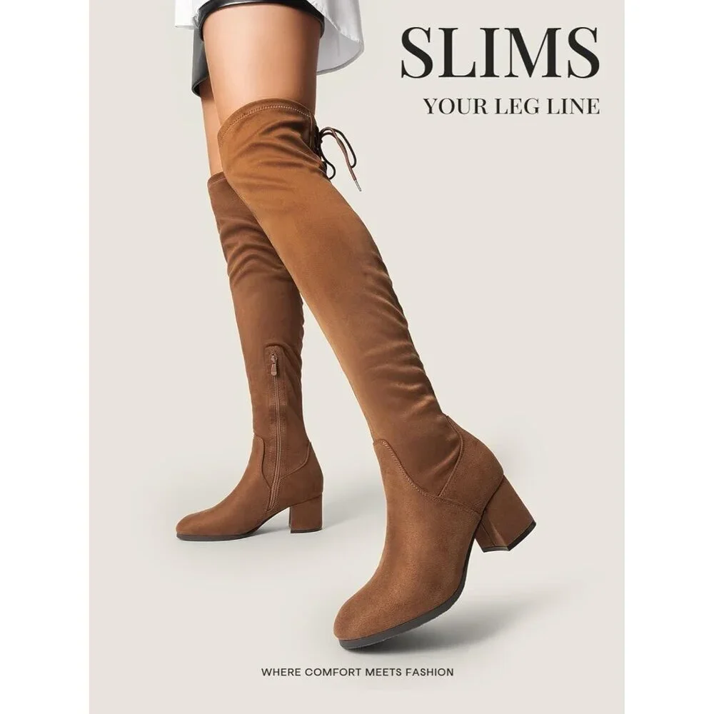 Women's Brown Suede Over The Knee Thigh High Chunky Heel Long Stretch Boots